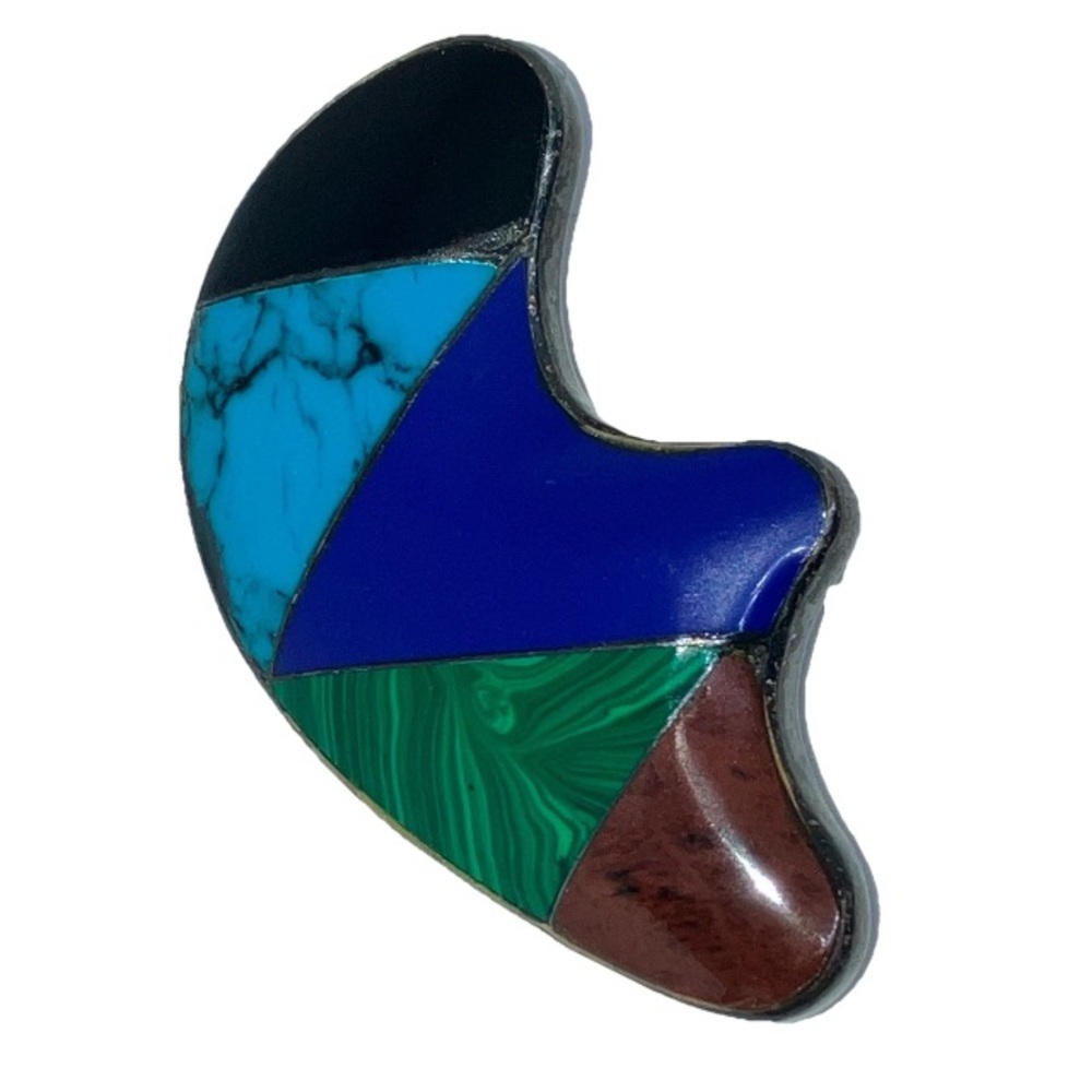 MEXICO Multi-Stone Inlaid Inlay Mosaic WALKING BEAR Sterling Silver 925 Pendant.